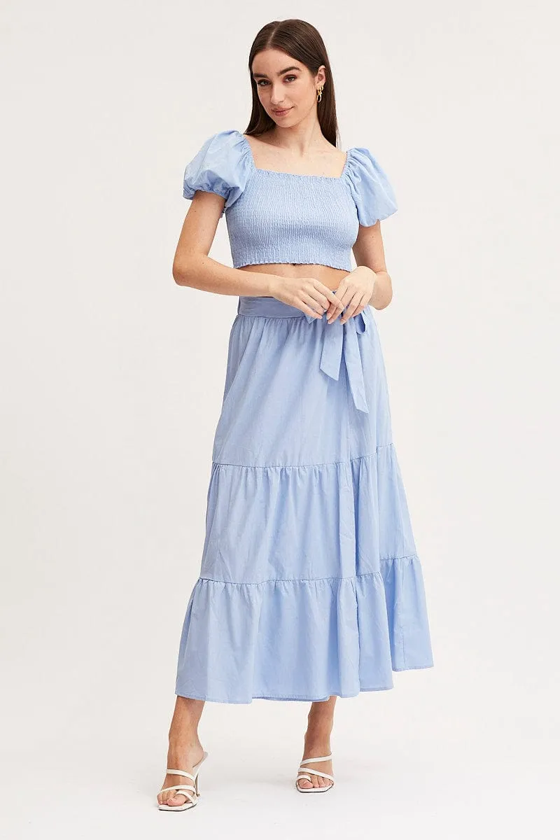 Blue Maxi Skirt High Rise Tiered Subtle Finish Creative Layering