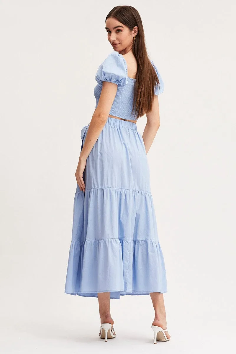 Adjustable Closure Blue Maxi Skirt High Rise Tiered
