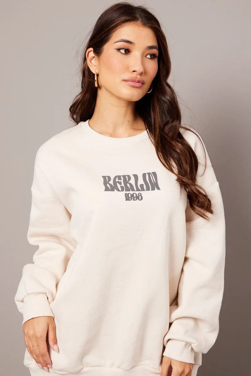 Beige Graphic Sweater Long Sleeve Easy Layering