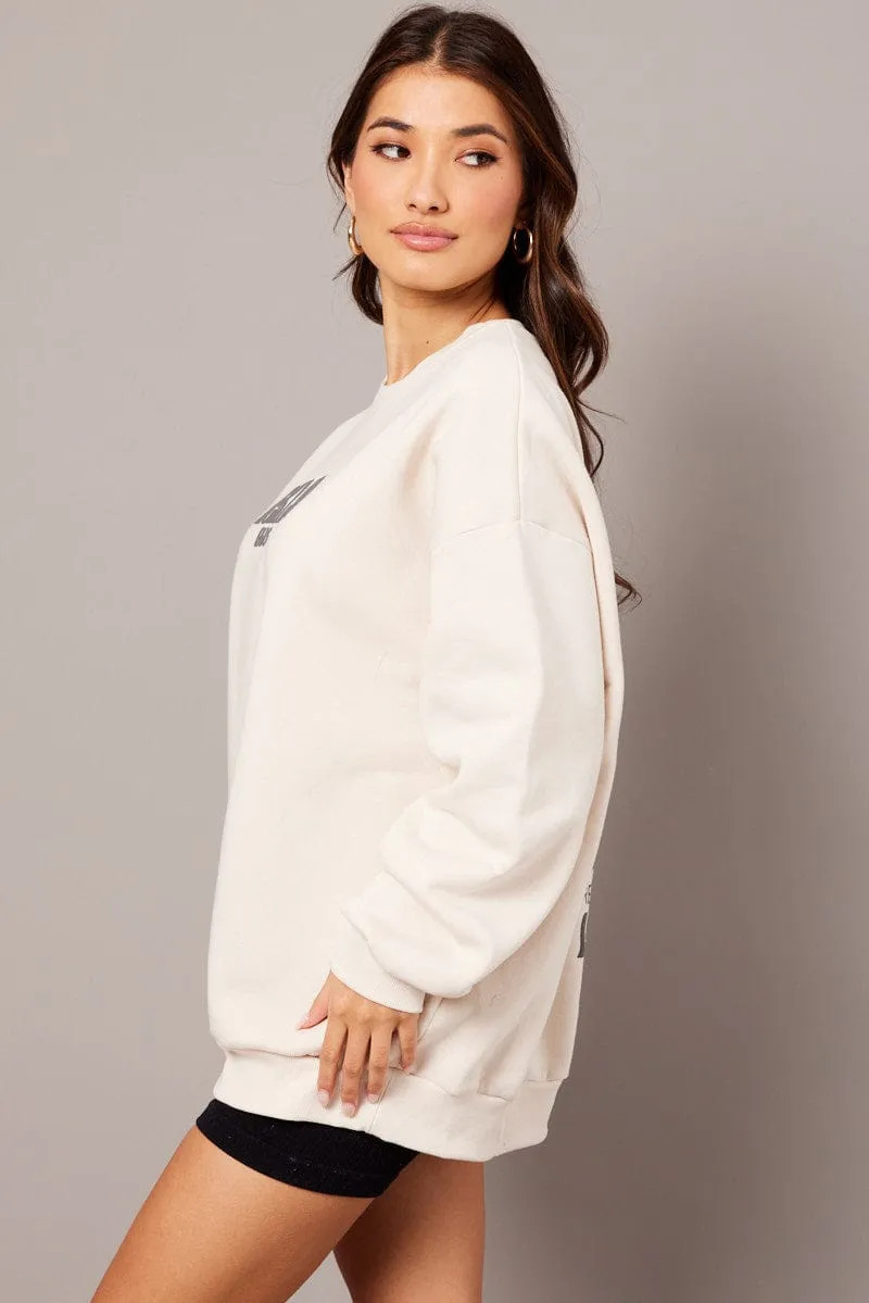 Beige Graphic Sweater Long Sleeve Comfy Street