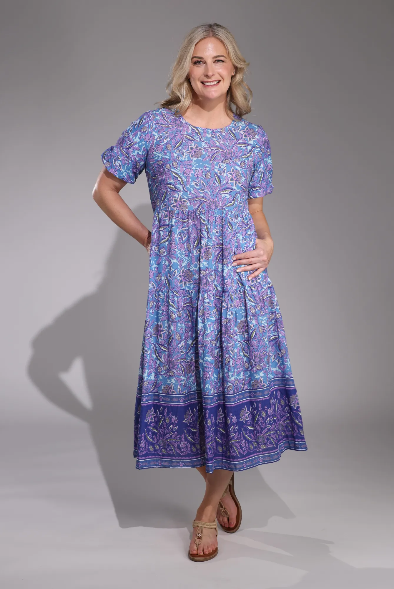 Trendy Fashion Garden Ease Midi Summer Dress | Lilac Blu Vine Border | 6542C1