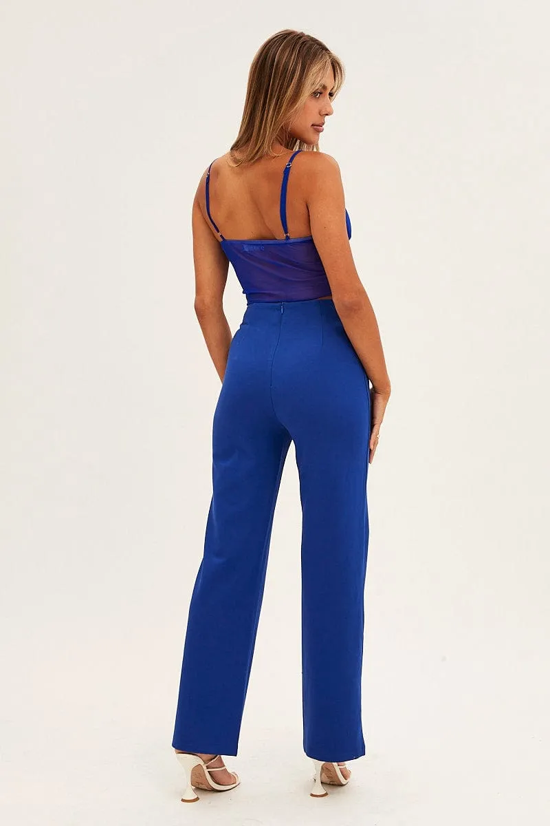 Dressy look Blue High Waist Pant Straight Leg Chain Belt