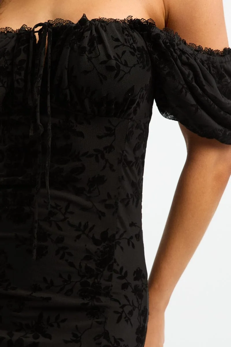 Feminine stylish midi Day-to-night midi gown Black Midi Dress Puff Sleeve Mesh