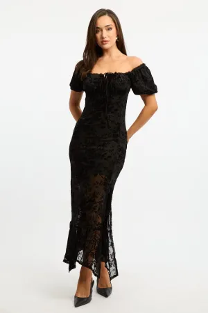 Black Midi Dress Puff Sleeve Mesh Charming Wardrobe