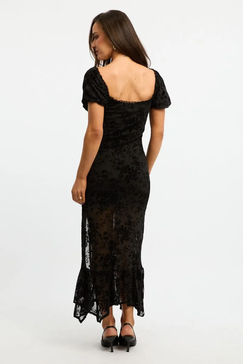 Comfortable Cut Reef View Black Midi Dress Puff Sleeve Mesh