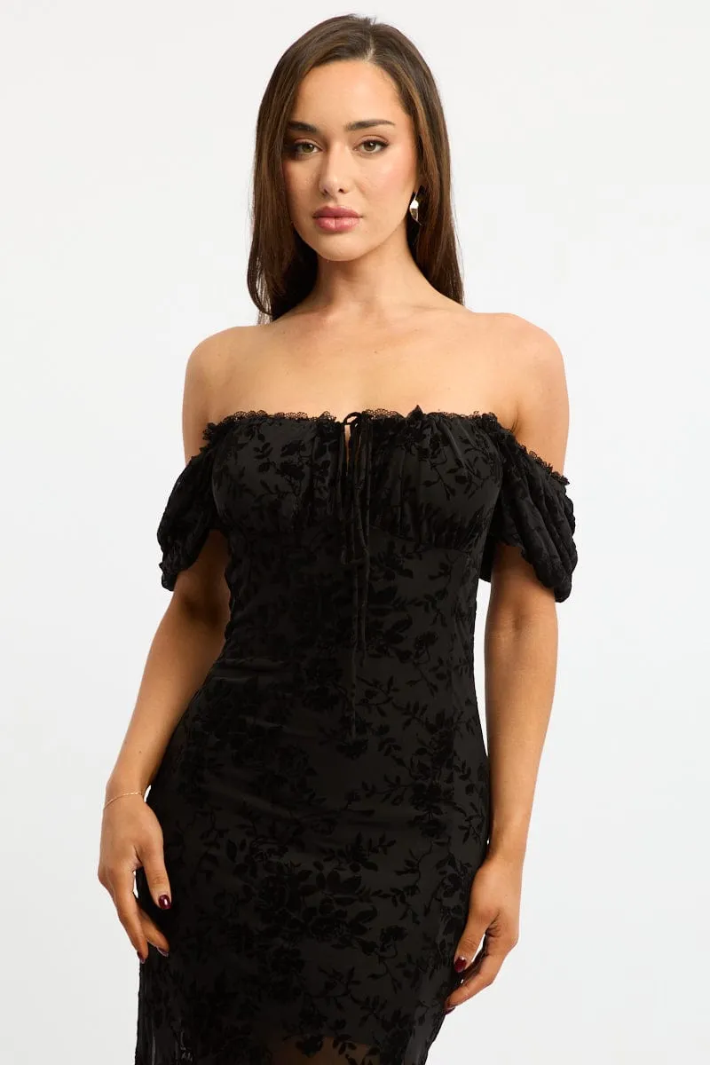 Black Midi Dress Puff Sleeve Mesh Road Trip