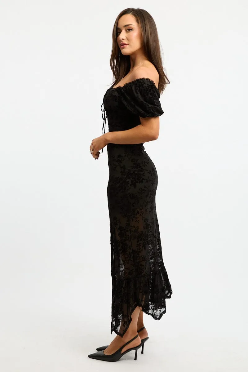Black Midi Dress Puff Sleeve Mesh Flattering Fashion Elegant Details