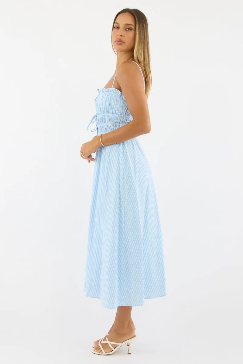 Blue Stripe Midi Dress Ribbon Detail Strappy laid-back style