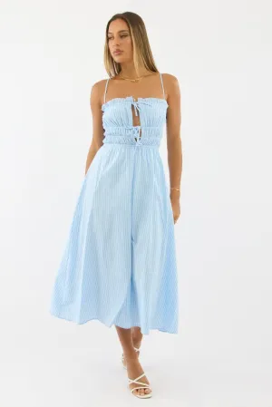 Blue Stripe Midi Dress Ribbon Detail Strappy pack light Gold Hour