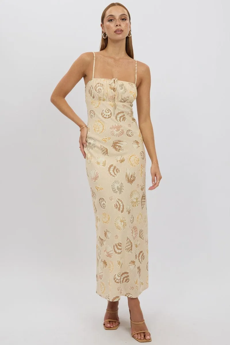 Grace Mood Fall Layers Beige Abstract Midi Dress Strappy