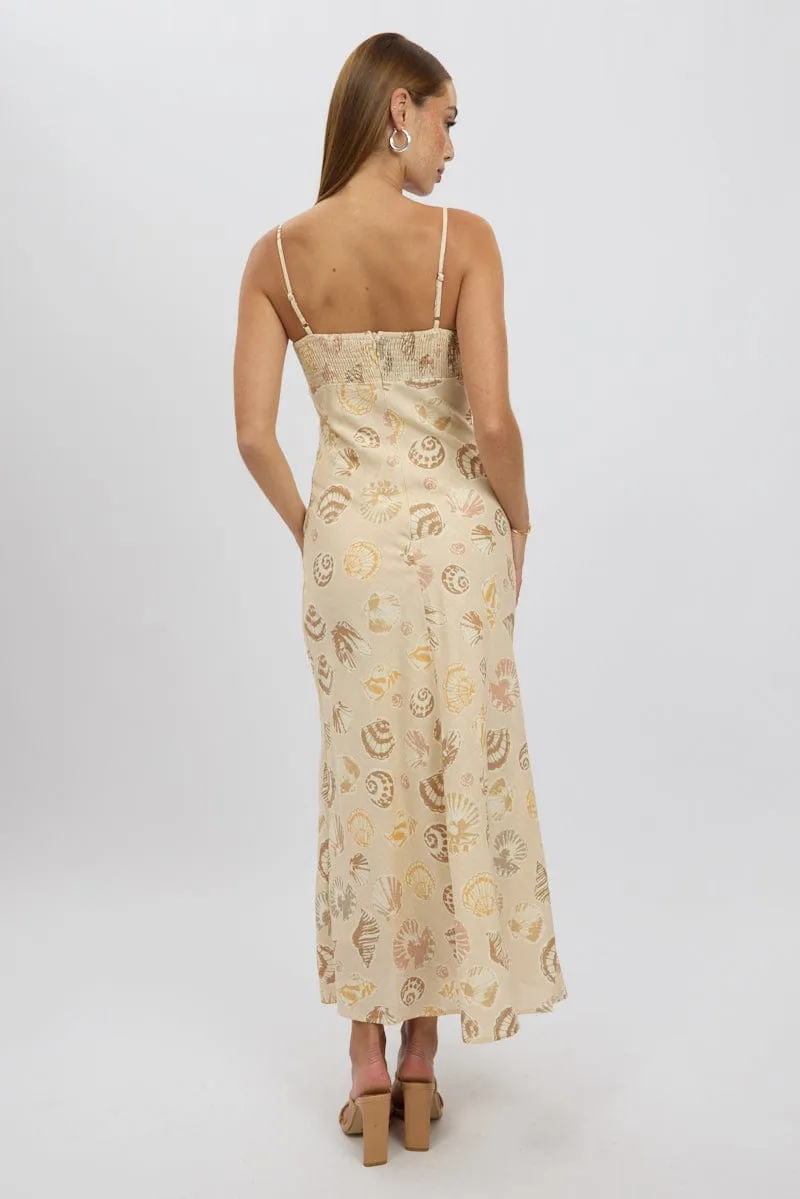 Beige Abstract Midi Dress Strappy Wrinkle Resistant Leaf Fall