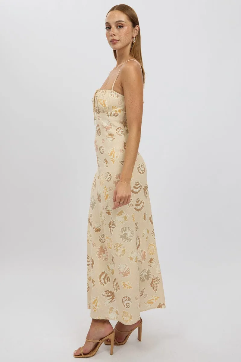 Beige Abstract Midi Dress Strappy Statement pattern knee-length dress Rainbow Arc