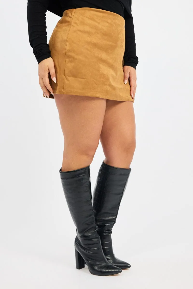 Brown Suedette Mini Skort Skirt Crisp Details