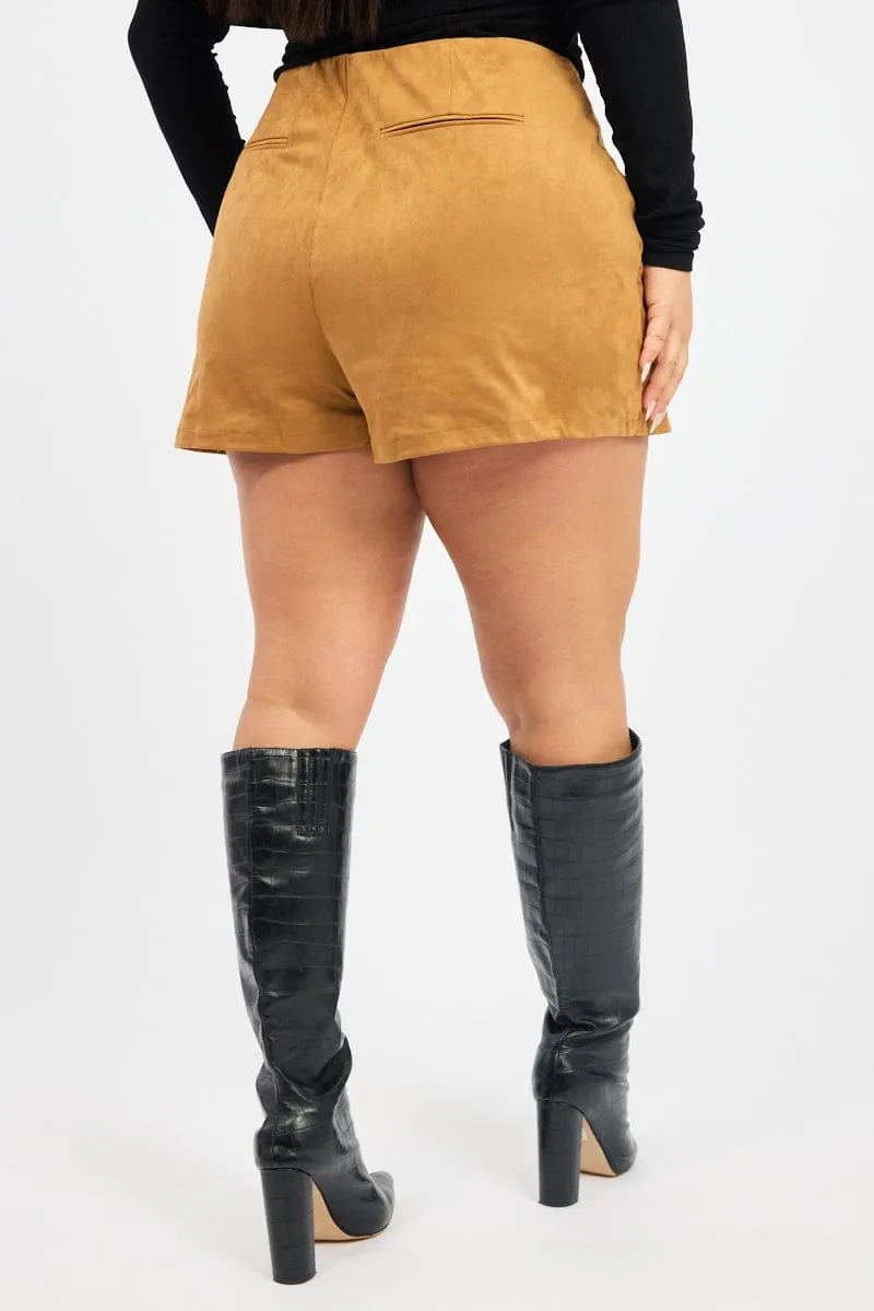 Brown Suedette Mini Skort Skirt Double Layer Construction