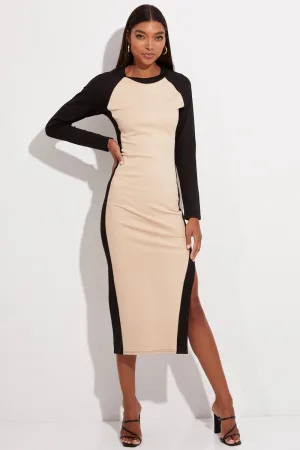 Busy Mom Beige Midi Dress Long Sleeve Round Neck Raglan Two-tone