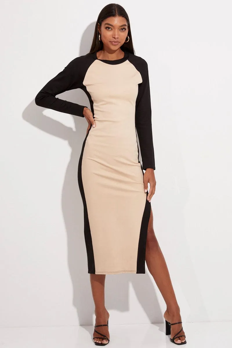 Busy Mom Beige Midi Dress Long Sleeve Round Neck Raglan Two-tone