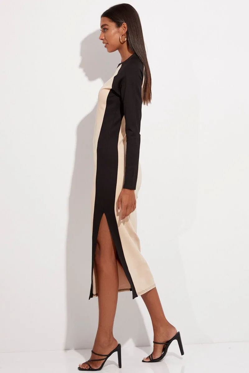 Cotton Soft Beige Midi Dress Long Sleeve Round Neck Raglan Two-tone