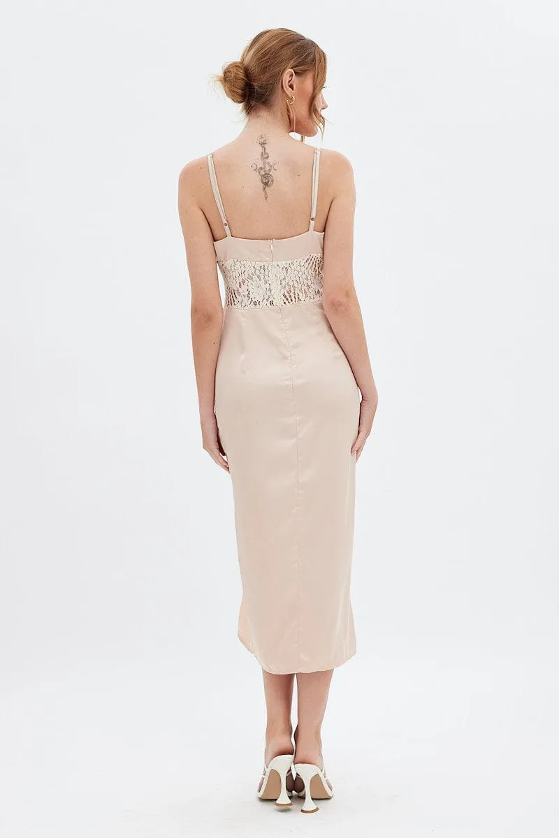 A-line midi dress Busy Mom Beige Sweetheart Satin Dress