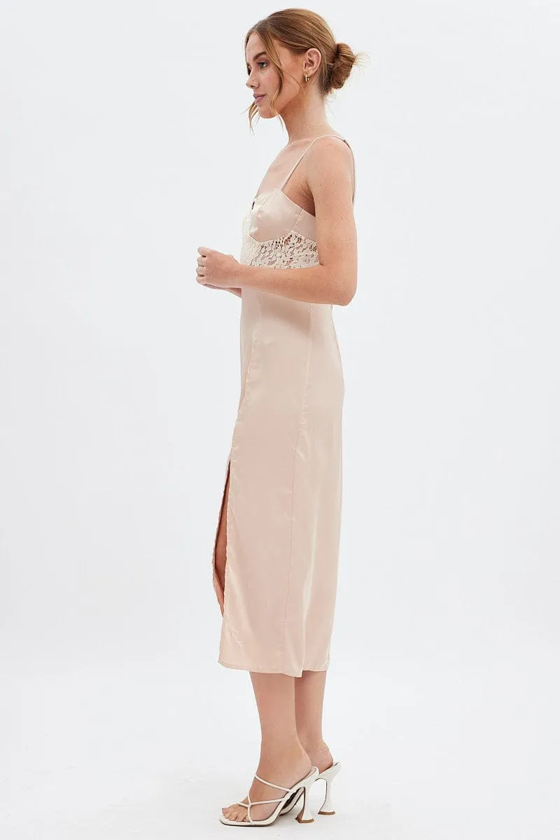 Beige Sweetheart Satin Dress Classic outdoor midi Timeless Look