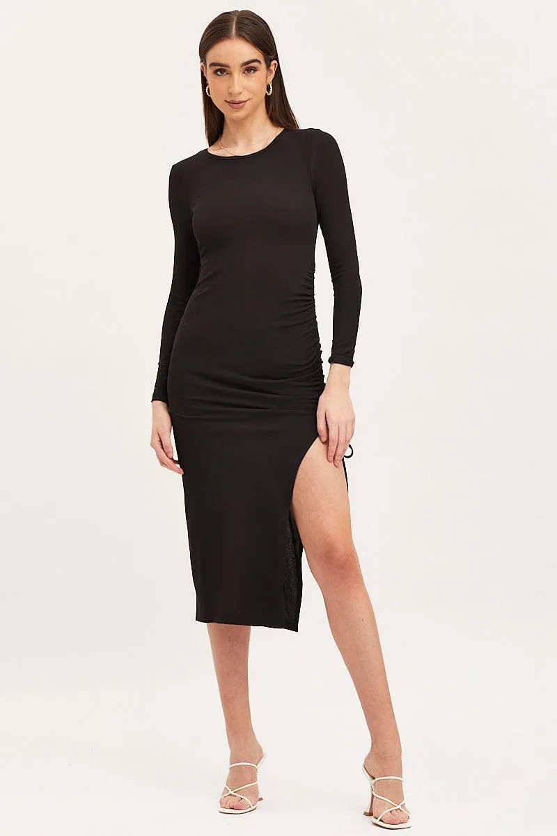 Midi dress with waist tie Subtle Glamour Black Midi Dress Long Sleeve Bodycon