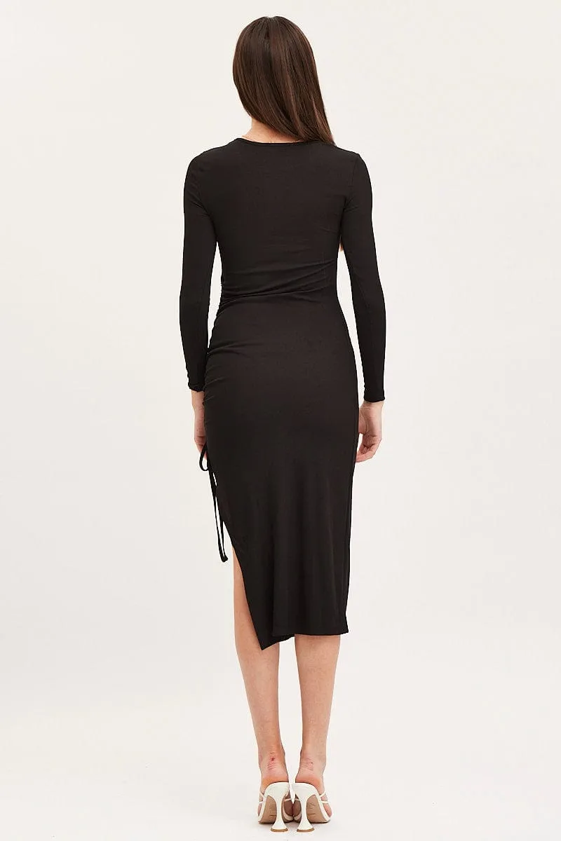 american casual Fashion-forward piece for evening Black Midi Dress Long Sleeve Bodycon