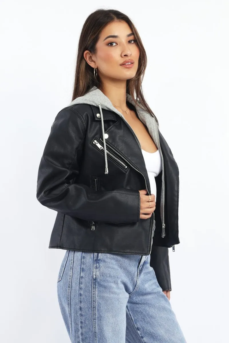Black Faux leather Biker With Removable Hoodie product eco friendly conscience