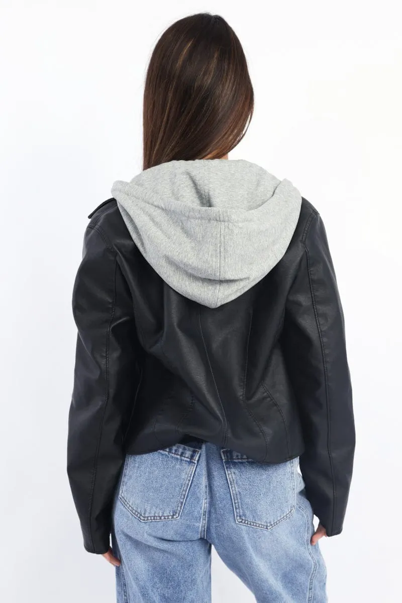 snowboarding suitable Warm Layer Black Faux leather Biker With Removable Hoodie