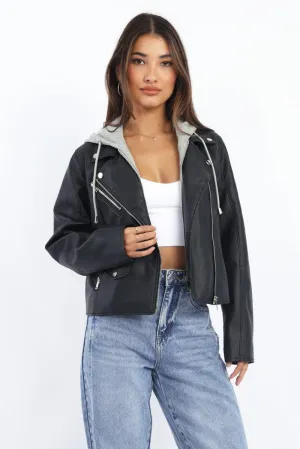 product tropical vibrancy Layer Fit Black Faux leather Biker With Removable Hoodie
