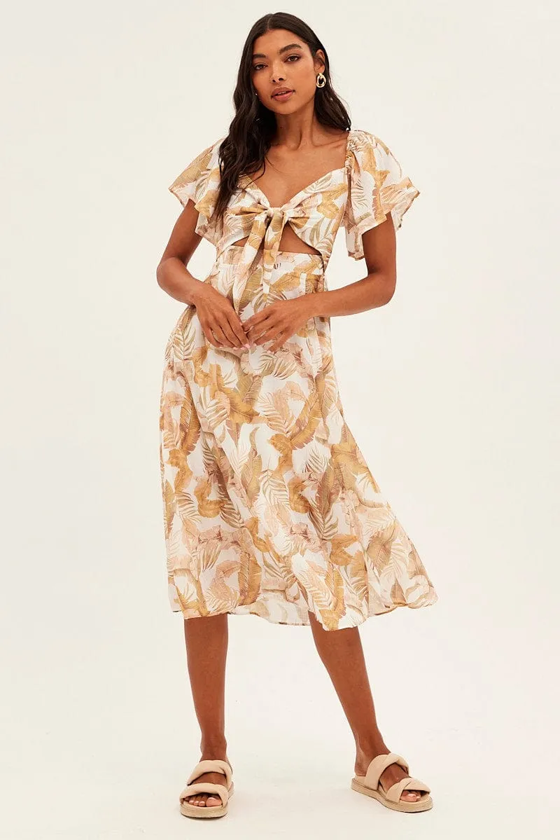 Beige Floral Midi Dress Square Neck Short Sleeve All-season midi Daily Smart