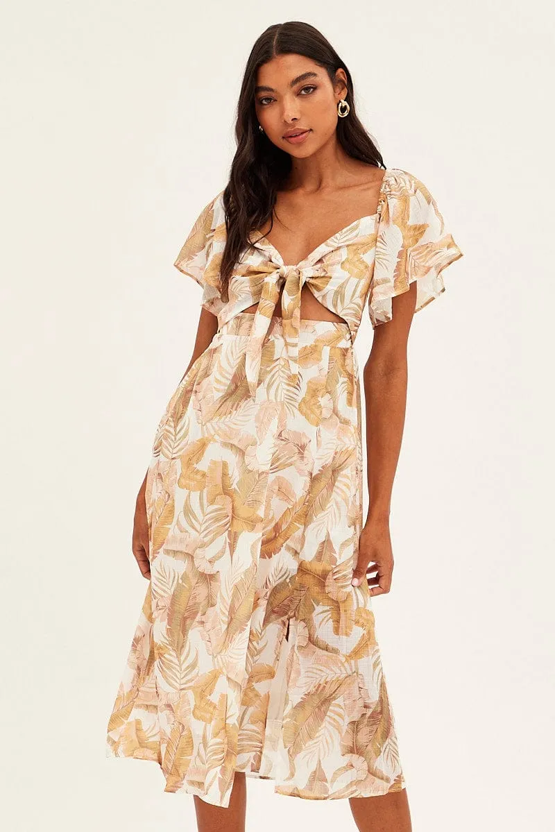 Beige Floral Midi Dress Square Neck Short Sleeve Street Lamp Sophisticated Comfort