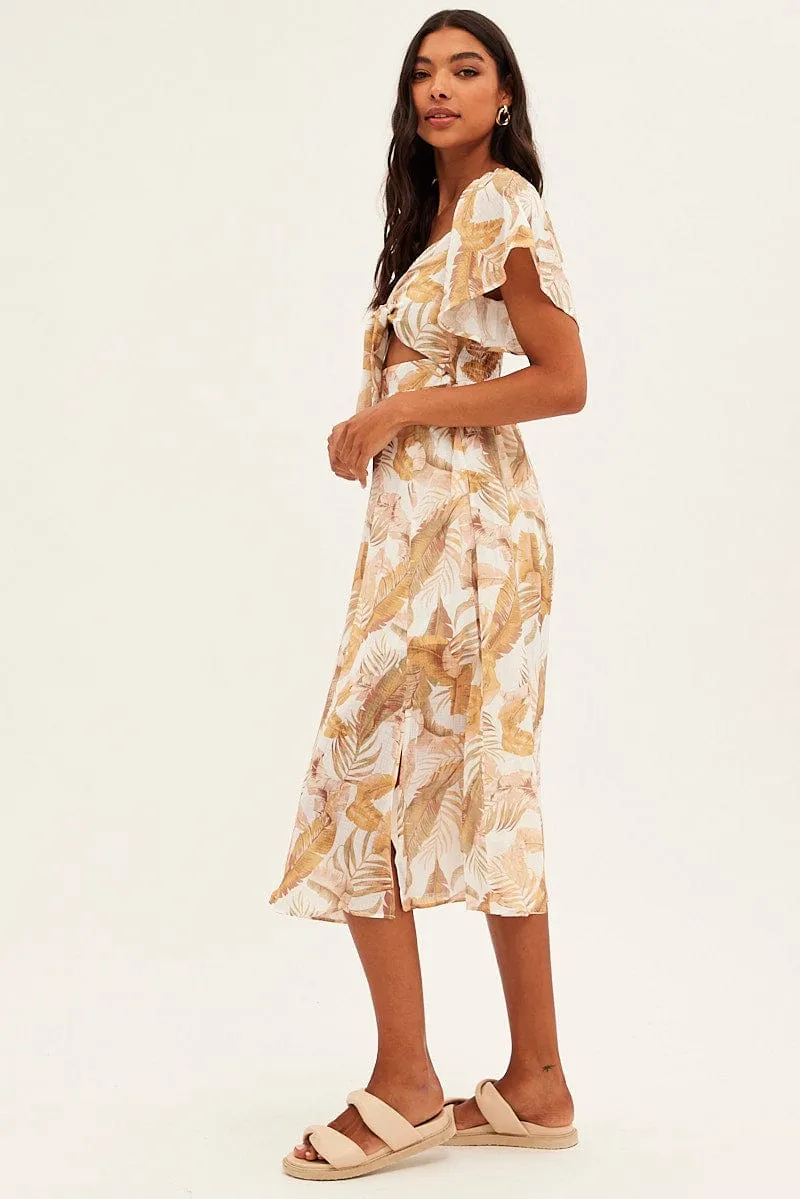 Breeze Move Beige Floral Midi Dress Square Neck Short Sleeve
