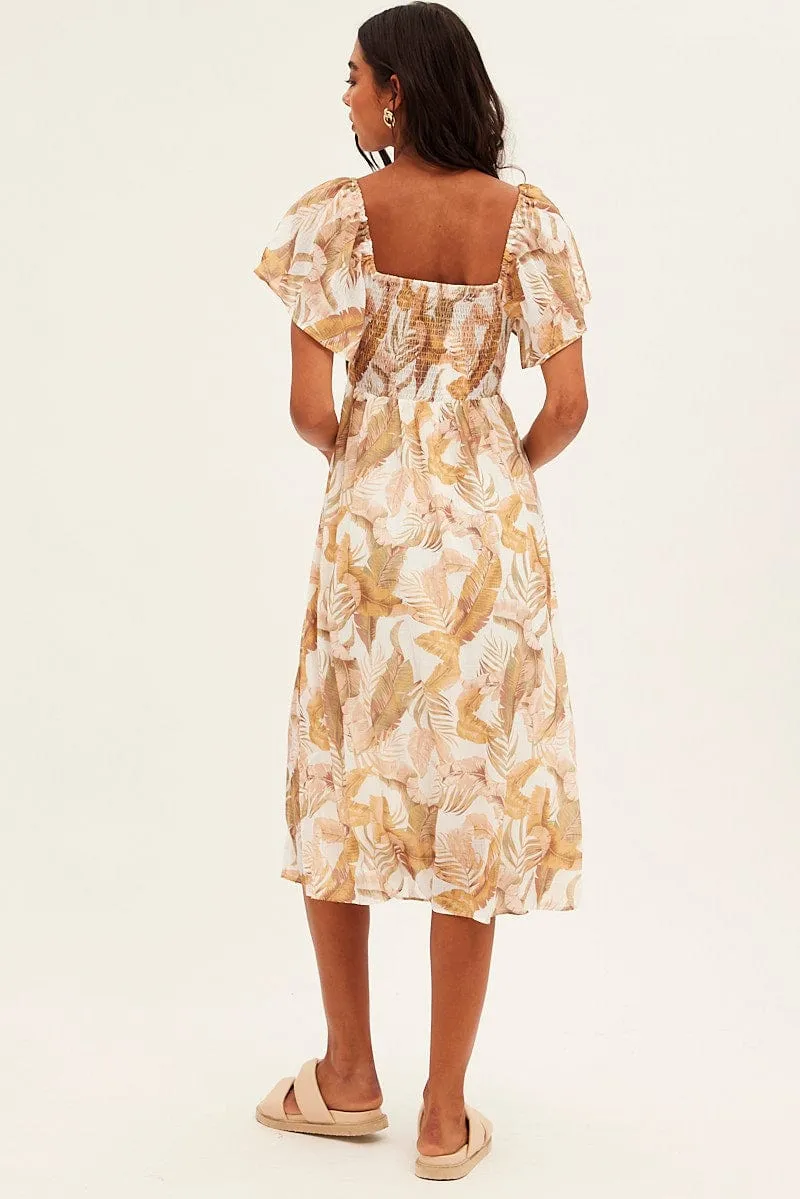 Airy Mood Serene Charm Beige Floral Midi Dress Square Neck Short Sleeve