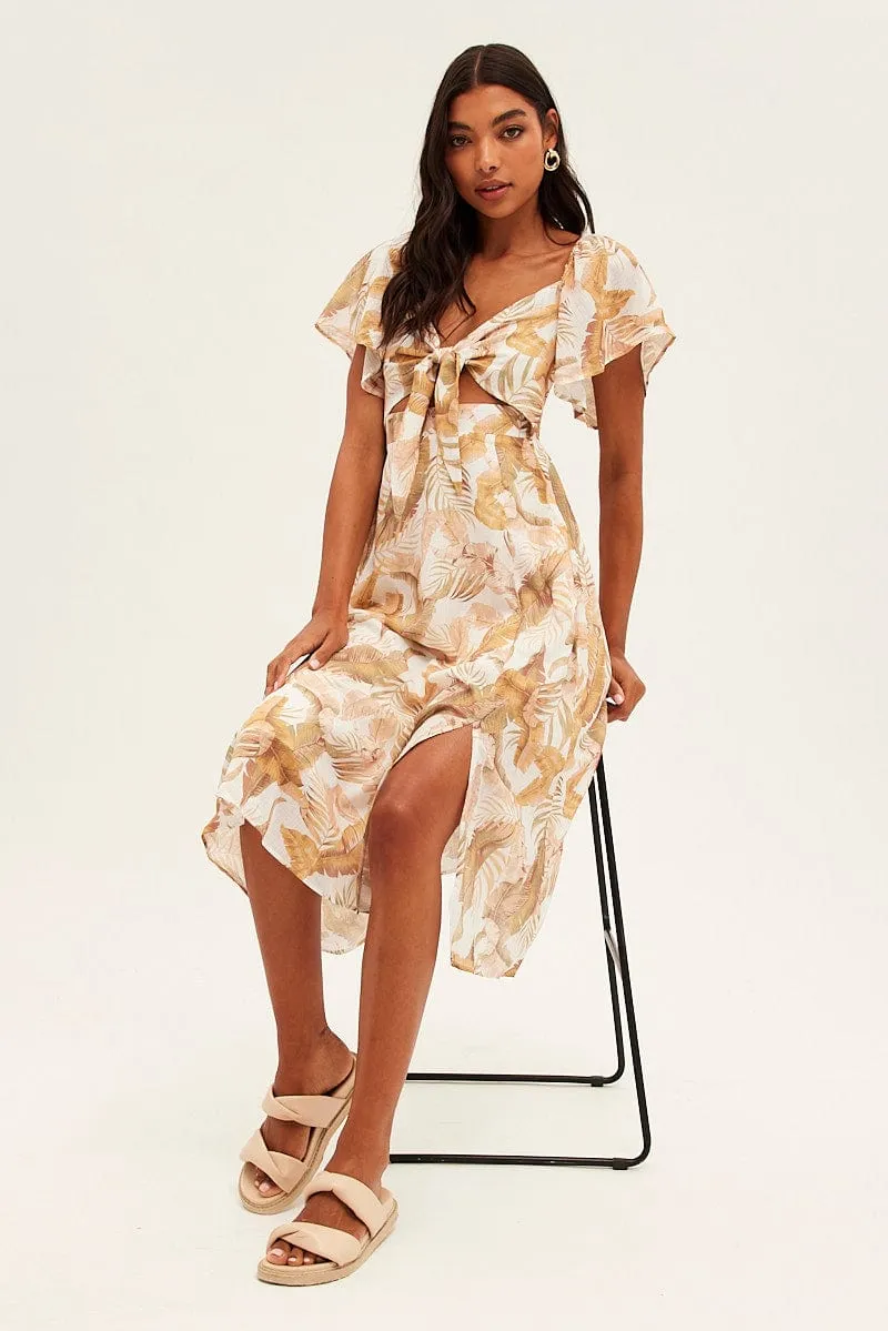 Beige Floral Midi Dress Square Neck Short Sleeve Soft Rebellion