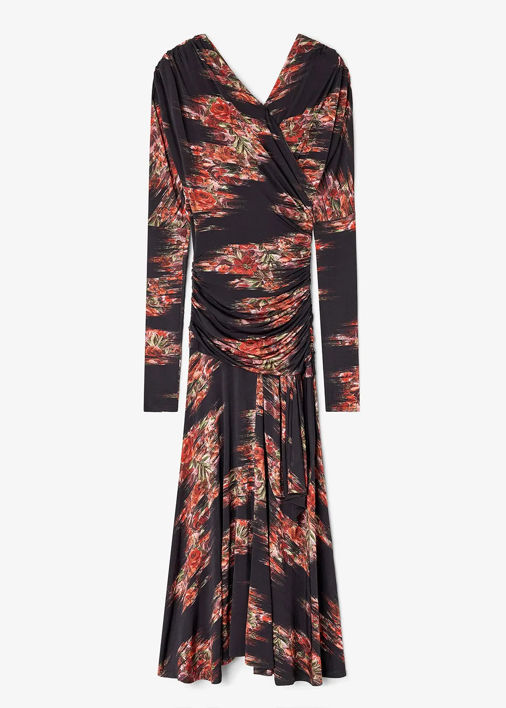 Printed Shiny Jersey Ruched Long Dress Minimal Line Forest Path
