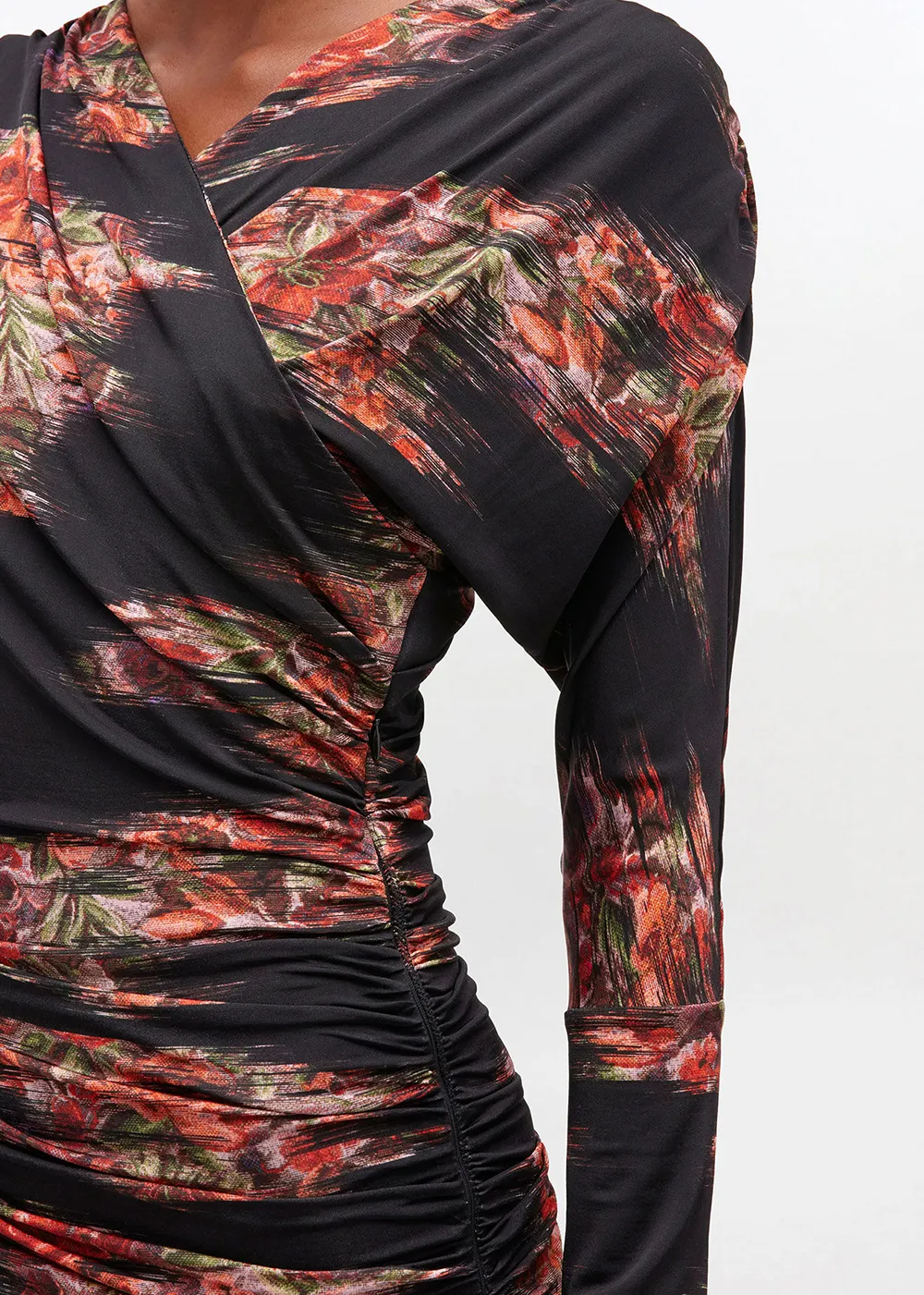 Printed Shiny Jersey Ruched Long Dress This dress provides a flattering look for any body type thanks to its classic design Star Sky