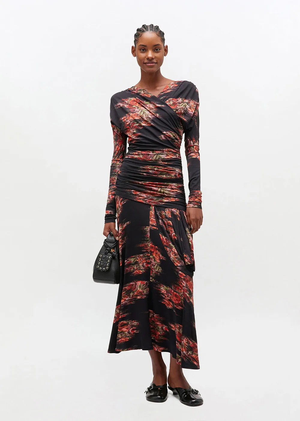 Paper Glow Printed Shiny Jersey Ruched Long Dress