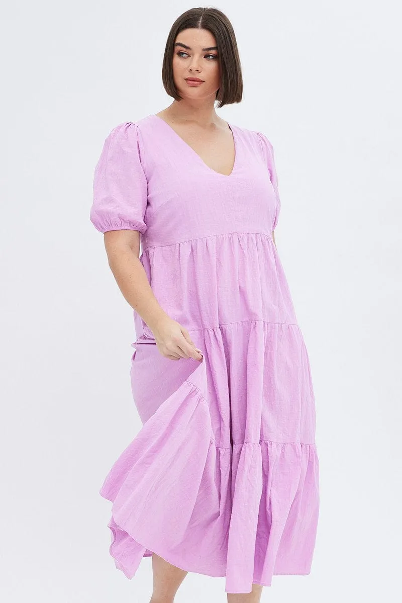 Soft-touch maxi gown Purple Maxi Dress Tiered Puff Sleeve V-neck