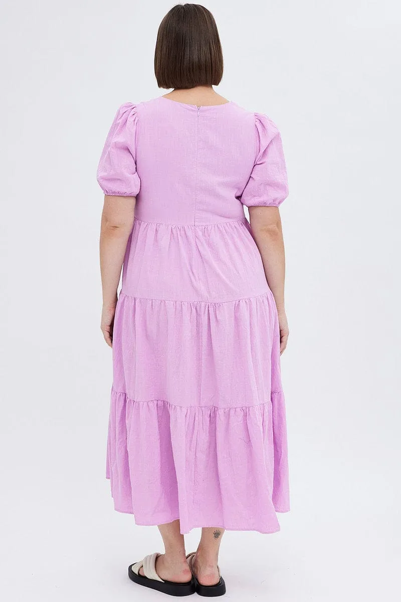 Purple Maxi Dress Tiered Puff Sleeve V-neck Classic Grace Batiste Soft