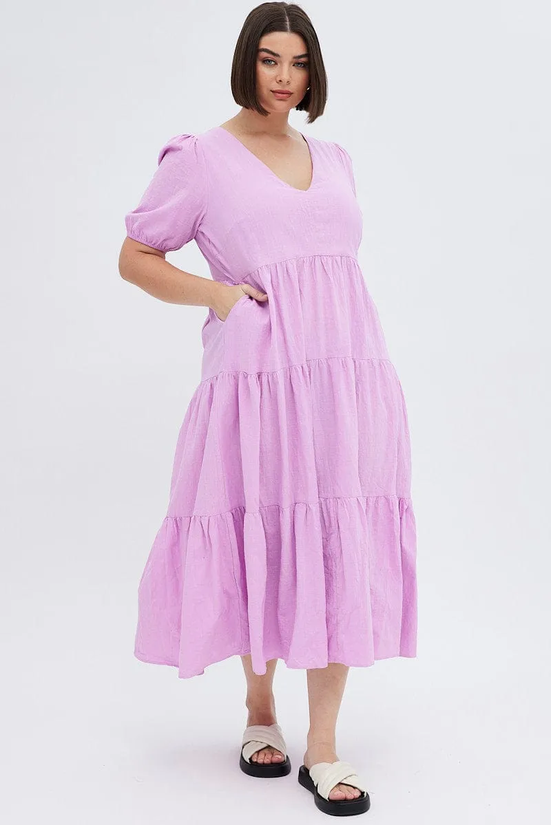 Purple Maxi Dress Tiered Puff Sleeve V-neck Layer Ready Peony Bloom