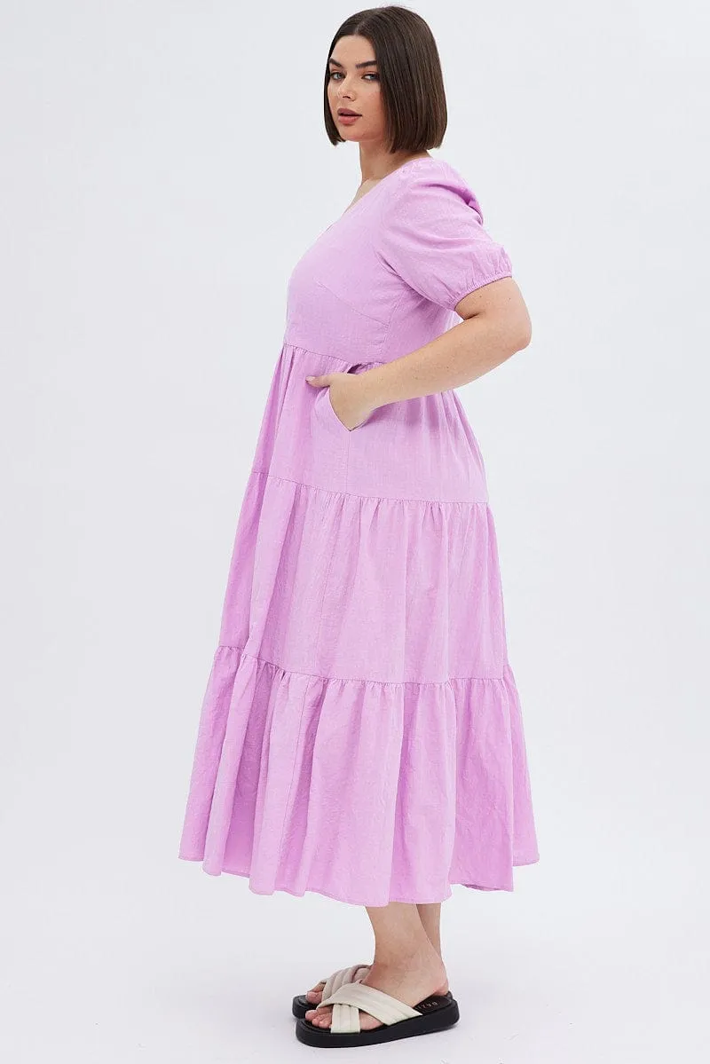 Purple Maxi Dress Tiered Puff Sleeve V-neck Twill Glow Voile Light