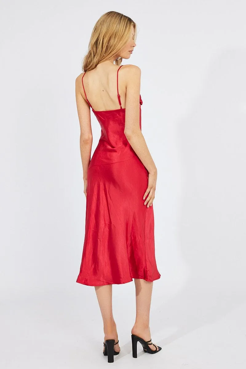 Lasting Joy Red Satin Dress Cocktail Split Side Strappy