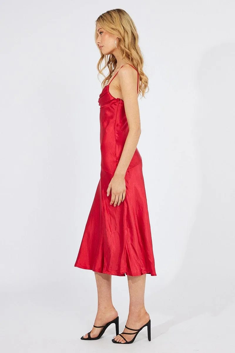 Red Satin Dress Cocktail Split Side Strappy Court Yard Summer Sun