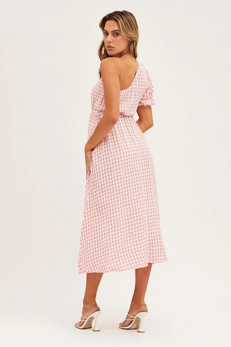 Contemporary Style Stripe Check One Shoulder Midi Dress