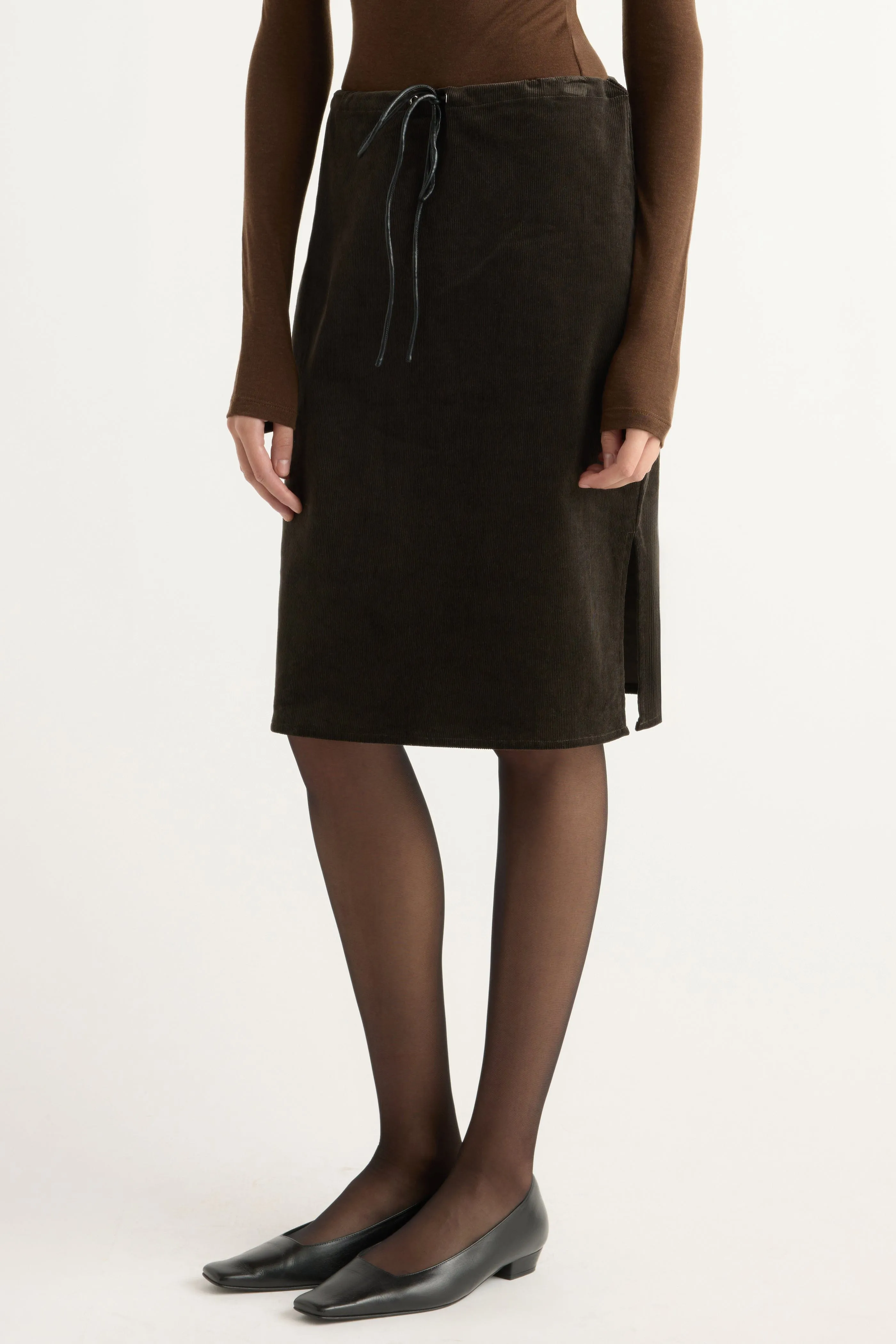 Bellamy Corduroy Tie-Waist Skirt Shirred Back Chic Mood