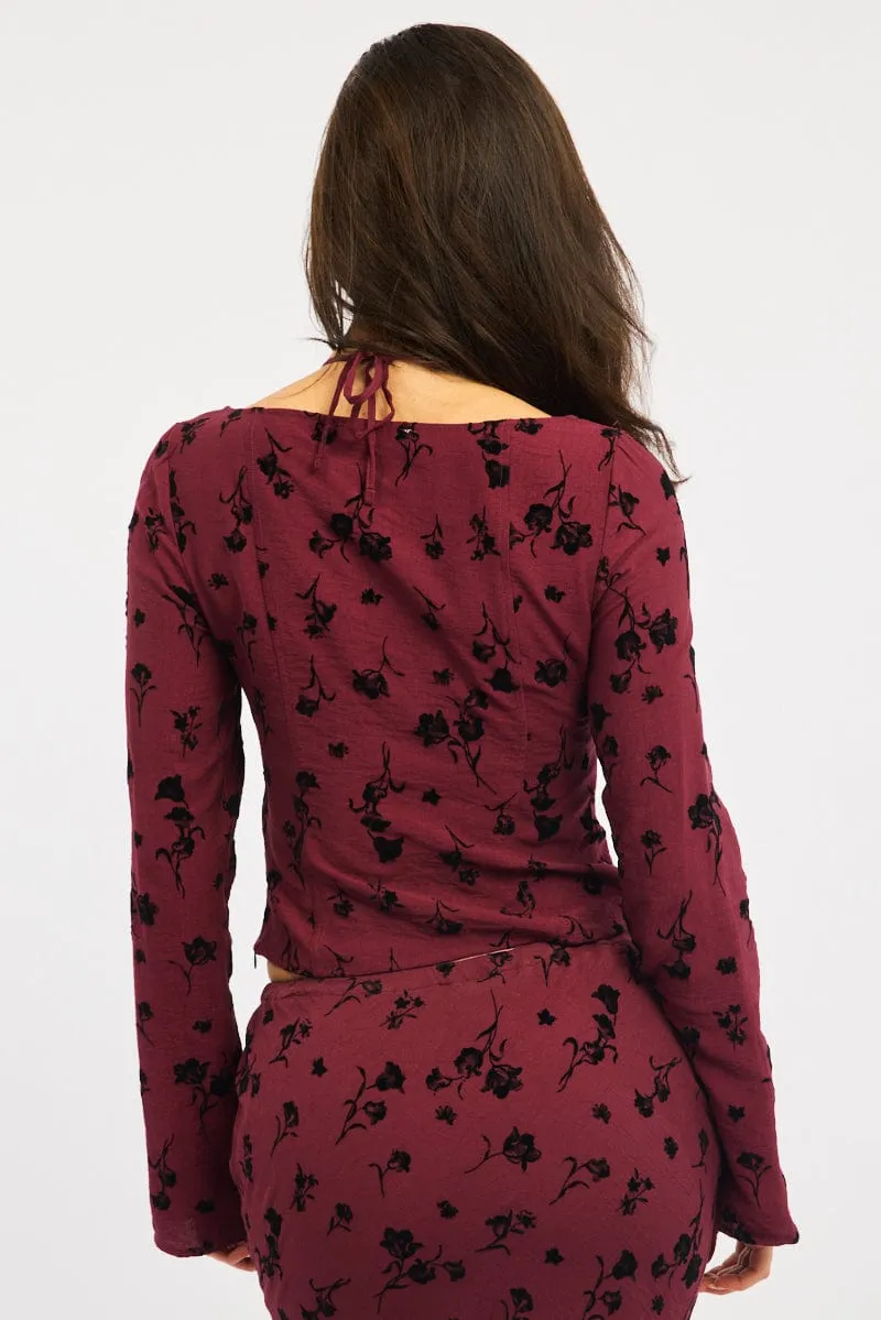 flared silhouette Street Ready Red Floral Maxi Skirt High Waisted Panelled Detail Burnout
