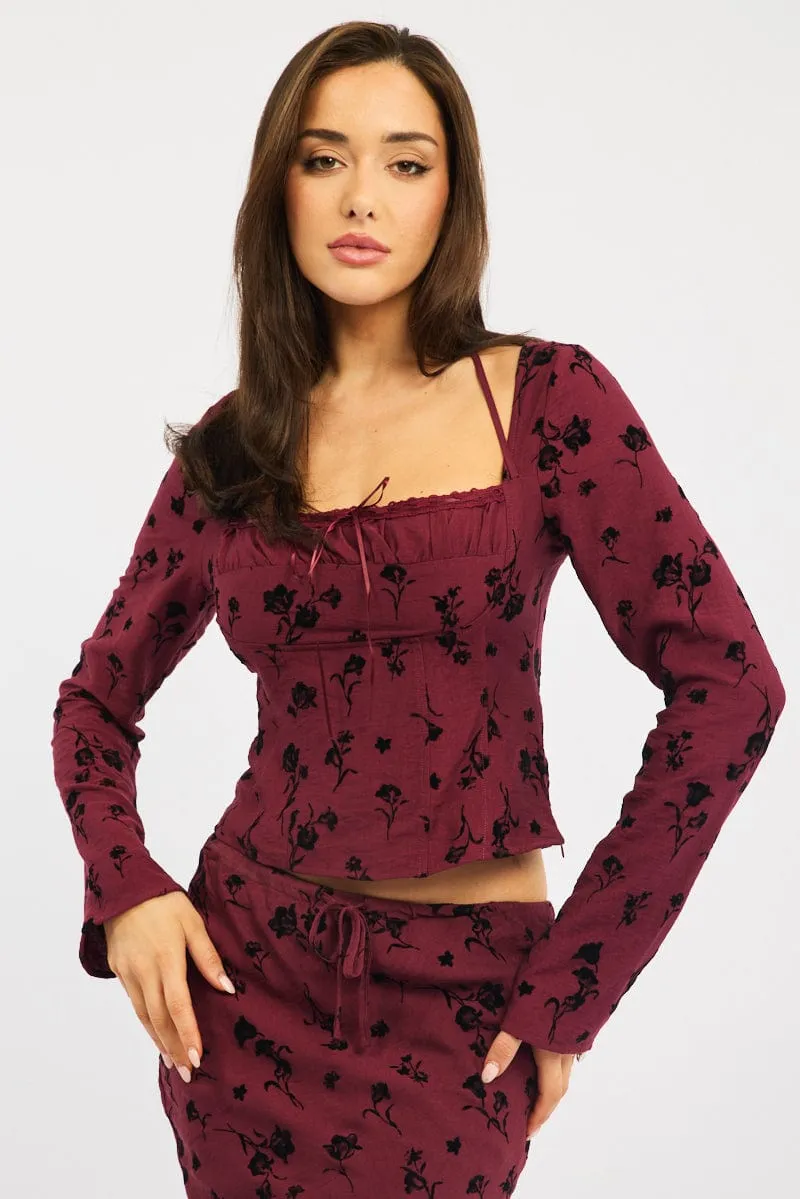 Button Details Red Floral Maxi Skirt High Waisted Panelled Detail Burnout