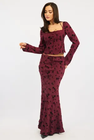 Red Floral Maxi Skirt High Waisted Panelled Detail Burnout Polka Dot