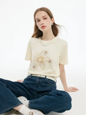 Textured Surface Easy Care Material Flower Print Women Knit T-Shirt