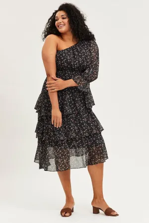 Geo Print One Sleeve Floral Midi Dress Wave Crest