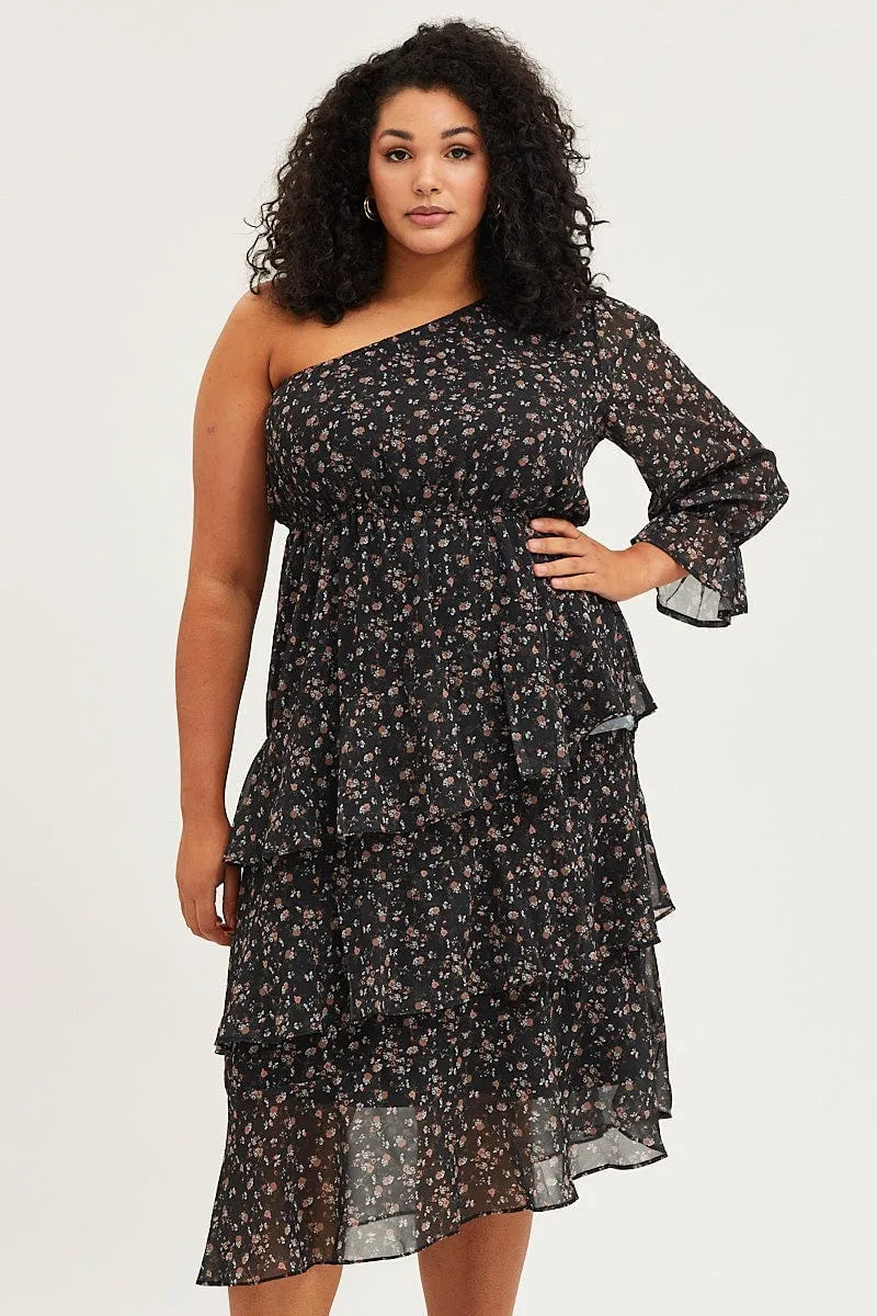 Geo Print One Sleeve Floral Midi Dress Orchard Walk Georgette Flow